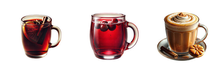 Isolated set of three autumn-themed drinks including mulled wine, cranberry tea, and pumpkin spice latte in glass mugs with cinnamon and star anise on transparent background.