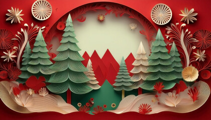 Christmas themed postcard in paper art style with an empty center area and decorations