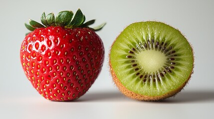 Fresh strawberry and sliced kiwi on a white background, perfect for food photography and healthy lifestyle themes.