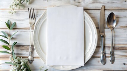 Clipart menu mockup on a wooden table with elegant tableware and minimalistic decor.Blank white menu template for cafes and restaurants