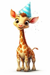 Fototapeta premium Giraffe with party hat for birthday card