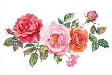 Naklejka premium Delicate watercolor roses in shades of pink and coral, surrounded by lush green leaves, bring a touch of elegance and tranquility to any space