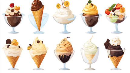 Icons of frozen creamy desserts, including gelato ice cream, wafer cones, caramel Eskimo bars, chocolate-glazed sundaes with nuts, whipped cream, fruit ice, and fresh vanilla scoops in a glass bowl.