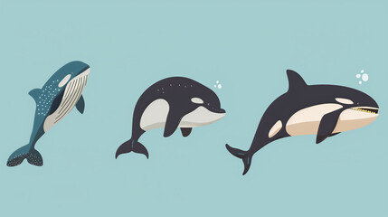 Fototapeta premium Marine Creatures – Dolphins, Whales on a Blue Background. Watercolor, Sketch, Design, Postcard.