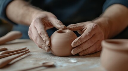 Fototapeta premium Hands Shaping Small Clay Ocarina with Tools