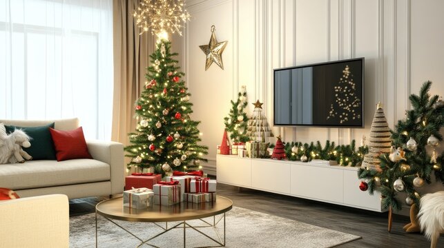 The cozy living room features a stylish Christmas tree adorned with ornaments, surrounded by presents and tasteful seasonal decorations, creating a festive ambiance