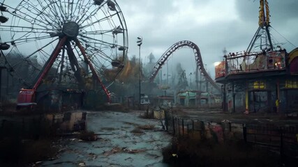 Gloomy scene of a massive, abandoned theme park featuring twisted and mutated attractions creating an eerie atmosphere