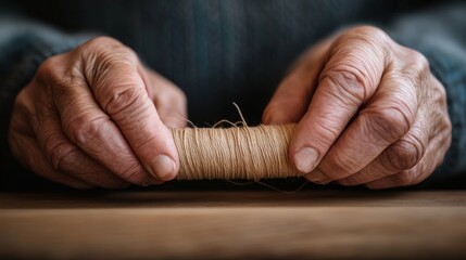 Obraz premium Hands Twisting Fibers to Make Rope on Traditional Machine