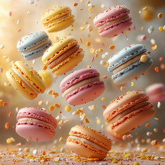 Macarons with Sprinkles. Pastel-colored macarons with sprinkles, floating in mid-air, captured in a dynamic composition.