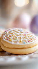 Iced Easter Cookie with White Decorations, Close-Up Festive Treat