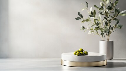 Chrome podium with golden detailing showcasing an olive in an exquisite presentation.