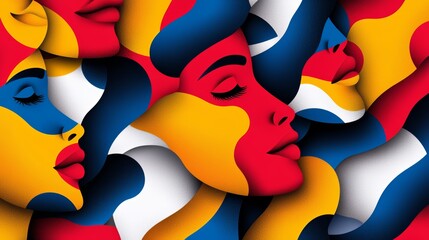 Bold pattern featuring abstract cubist faces, where geometric elements and contrasting colors blend to form a striking, modern visual effect