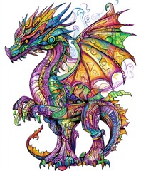 A colorful, intricately designed dragon with vibrant patterns and wings.