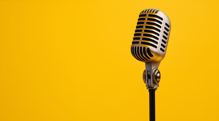 Fototapeta premium Microphone professionnel sur fond coloré jaune-orange, illustration radiophonique et musicale moderne