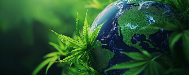 Earth encased in cannabis leaves, highlighting worldwide cannabis influence, detailed close-up, 3D illustration