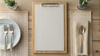 Clipart menu mockup on a wooden table with elegant tableware and minimalistic decor.Blank white menu template for cafes and restaurants