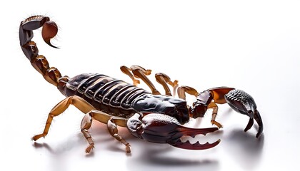 A Scorpion with its characteristic pincers and segmented tail, positioned on a white background.