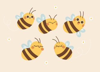 Cute Bee Expression Illustration Character Collection. Isolated Flat Vector Style.