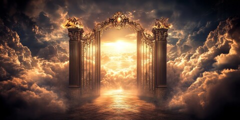Fototapeta premium Ethereal Heavenly Gateway: Dreamy Celestial Realm with Sacred Clouds. Minimalist Spiritual Composition for Marketing, UI, and Graphic Design. Elegant Abstract Background with Faith and Freedom Concept