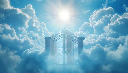 Fototapeta premium Ethereal Heavenly Gateway: Dreamy Celestial Realm with Sacred Clouds. Minimalist Spiritual Composition for Marketing, UI, and Graphic Design. Elegant Abstract Background with Faith and Freedom Concept