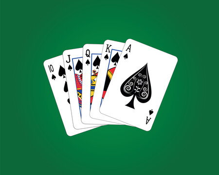 Five cards of Royal flush or Royal straight flush of spades playing card on green or Poker table design and drawing in colorful vector