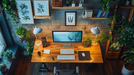 Computers on office tables. Folders on shelves. Windows in walls