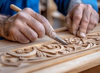 A Craftsman Carving Wood with Chisels, Creating Beautiful and Intricate Details on the Wooden Surface