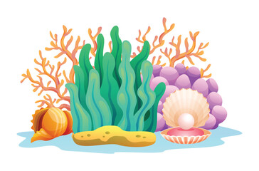 Coral, seaweed, and an open seashell with pearl, underwater life composition. Vector cartoon illustration