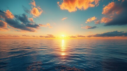 Dramatic sunset over the ocean with colorful clouds and serene reflections on the water, offering a tranquil and scenic view.