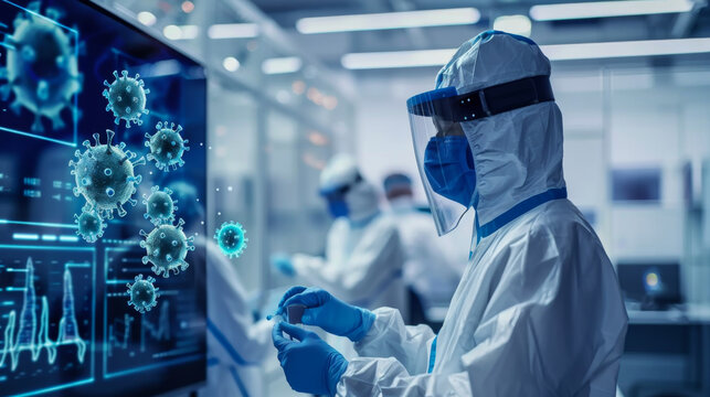 Medicine doctor and robotics research and analysis. Diagnose checking coronavirus or covid-19 testing result  virtual screen  laboratory