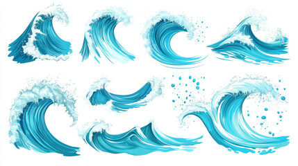 Set of ocean or sea waves, surf, and splashes curling and breaking in a vibrant turquoise blue. Vector illustration for marine and nautical-themed concepts, against a white background.