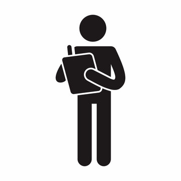 Symbol and icon of stick figure of a person conduct safety inspection by holding the paper board and pen. Black and white vector illustration.