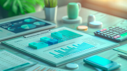 realistic representation of the concept of Value Added Tax (VAT), depicting financial documents and calculators
