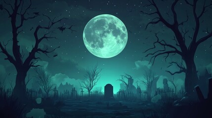 Halloween grave background. Moon in night sky, inverted with silhouettes of trees and scary eyes. International holiday of fear and horror.