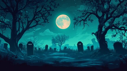 Obraz premium Halloween grave background. Moon in night sky, inverted with silhouettes of trees and scary eyes. International holiday of fear and horror.
