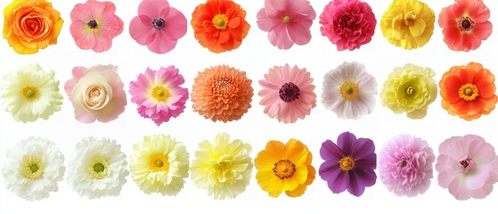 Fototapeta premium A collection of various flowers, including roses, dahlias, and anemones, in pink, orange, yellow, and white, isolated on a white background.