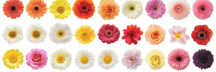 A collection of 25 assorted flowers isolated on white.