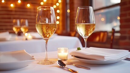 Elegant dining setup with wine glasses, soft lighting, and a cozy atmosphere perfect for romantic dinners.