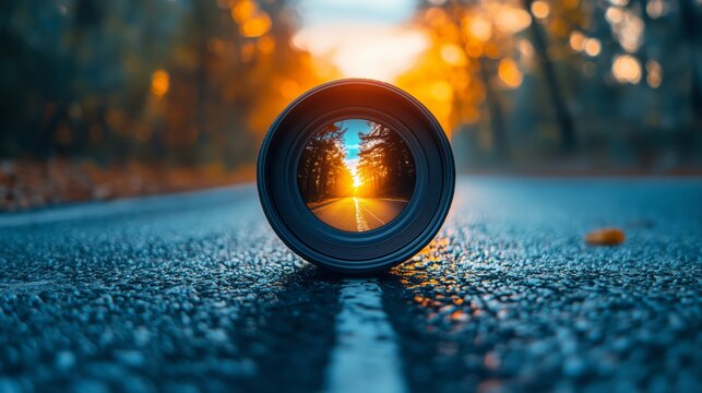 A camera lens placed on an asphalt road reflecting a vibrant autumn sunset scene, symbolizing photography and perspective.