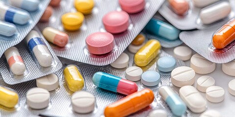 Close-up of colorful pills and capsules in blister packs.