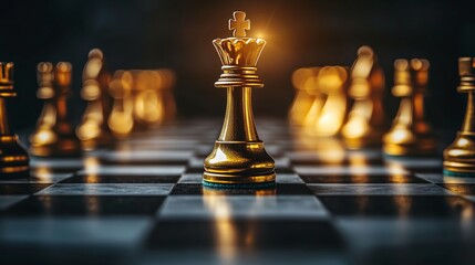 A golden chess king piece glowing prominently on a chessboard, representing power, strategy, and the pursuit of victory.