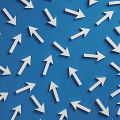 Multiple white arrows pointing in various directions on a blue background. Concept of choice, decisions, paths, and directions in life.