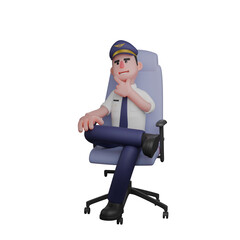 Cartoon Style Airline Pilot. A pilot is sitting in a chair with his left hand holding his chin. 3D Male