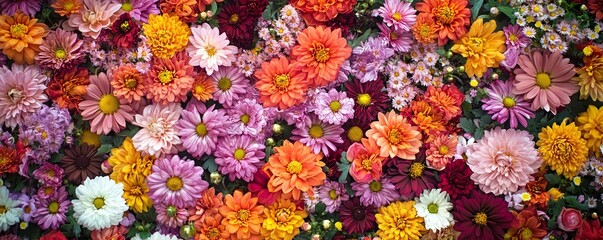 A vibrant and colorful flower background with various flower species and colors, including pink, orange, yellow, and red.