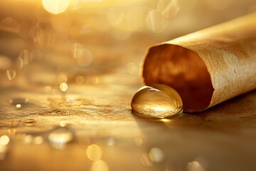 Obraz premium Golden drop dripping from a rolled up paper creating a magical reflection on a golden surface