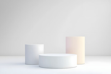 Empty podium or pedestal display on white background with cylinder stand concept. Blank product shelf standing backdrop. 3D rendering.