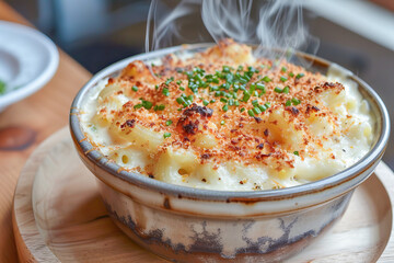 Steaming bowl of mac and cheese with golden breadcrumbs and chives