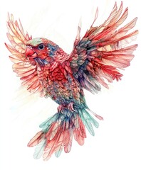 A vibrant, artistic depiction of a bird in flight, showcasing colorful feathers and details.