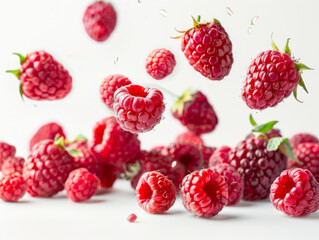 Vibrant raspberries floating gracefully against a soft pink background, perfect for culinary and...