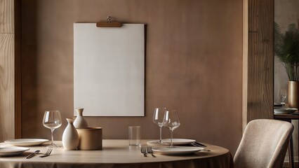 Clipart menu mockup on a wooden table with elegant tableware and minimalistic decor.Blank white menu template for cafes and restaurants